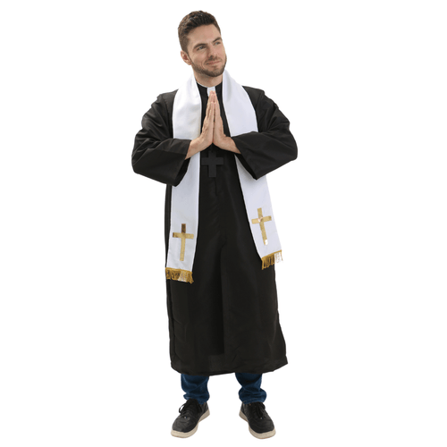 Fantasia Padre Adulto e Infantil Tunica Preta com Estola e Crucifixo Preto