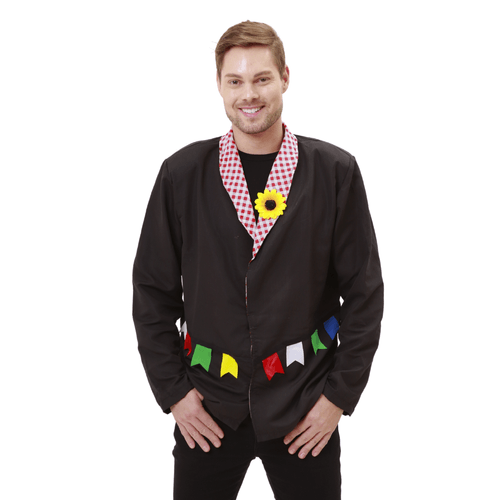 Fantasia Noivo Caipira Paletó Adulto e Infantil com Gola Xadrez e Bandeirinhas