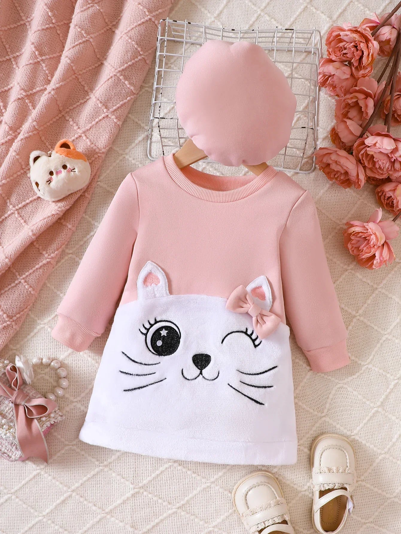 Vestido Infantil e Adulto de Algodão - Gatinho Rosa