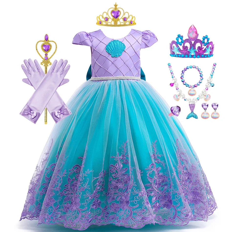 Vestido Infantil e Adulto Princesa Ariel Bordado de Flores